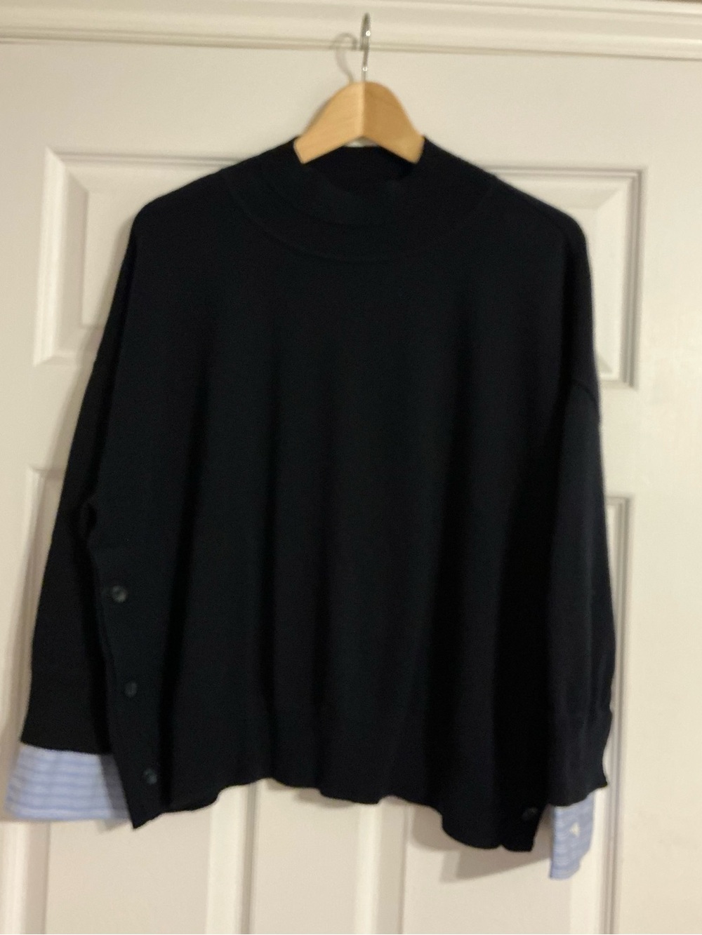 Talbots Navy Mock Neck Sweater with Cotton Striped Sleeve Detail